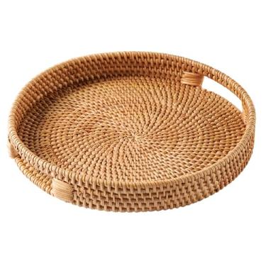 Imagem de JUNGLE CULTURE Bandeja de servir de vime de 30 cm em mel natural • Bandejas de servir tecidas com alças para casa • Bandeja redonda decorativa de mesa • Cesta de servir de vime Boho para otomano, mesa