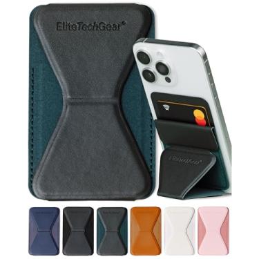 Imagem de Elite Tech Gear Suporte seguro para cartão de telefone com suporte ajustável - compatível com iPhone e Android - capa de telefone adesiva para cartões - couro vegano, Verde escuro, Couro