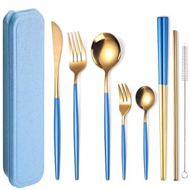 Imagem de AARainbow Conjunto de 1 talheres de aço inoxidável portátil e reutilizável, incluindo hashis, faca, garfo, colher canudos, escova de limpeza, lavável na lava-louças (ouro azul)