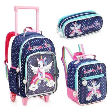 Imagem de Kit Mochila Infantil Escolar Rodinha Denlex Lancheira e Estojo do Unic