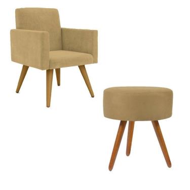 Imagem de Kit Poltrona Decorativa Pés PalitoPuff Redondo Sala Cor:capuccino