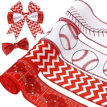 Imagem de Whaline 4 rolos de fita de beisebol com borda de fio fita esportiva vermelha branca tecido decorativo fita de artesanato para decoração de festa esportiva embrulho de presente decoração arco de cabelo costura grinalda artesanato, 20 jardas x 6,3 cm