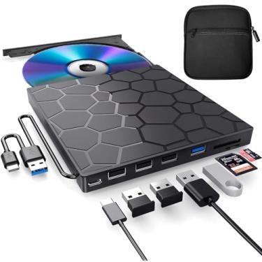 Imagem de Unidade externa de CD/DVD para laptop, leitor de DVD para laptop com estojo de transporte, 8 em 1 USB 3.0 ultrafino portátil, gravador de CD óptico externo compatível com laptop desktop Mac, Windows