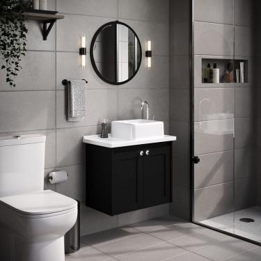 Imagem de Conjunto de Banheiro Suspenso Paris, Espelheira, Tampo e Cuba em Mármore Sintético Texturizado Preto