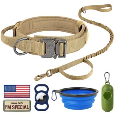 Imagem de HYDEME Coleira tática de nylon ajustável com alça de controle e fivela de metal pesado para cães médios e grandes, com estojo de adesivos e Airtags, dispensador de saco de cocô e tigela portátil. (G, conjunto marrom)