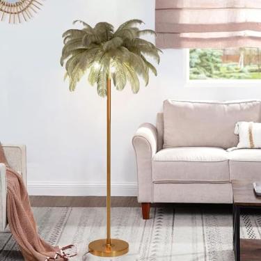 Imagem de Luminária de chão nórdica, luminária de chão de penas naturais regulável, proteção ocular, iluminação de leitura, luz alta para sala de estar, quarto, escritório