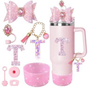 Imagem de XIANGYUAN Conjunto de 8 peças de acessórios rosa brilhante para copo Stanley Cup 850 g 1,134 g com alça, incluindo tampa de cobertura de palha de silicone, tampa à prova de derramamento, pingente de