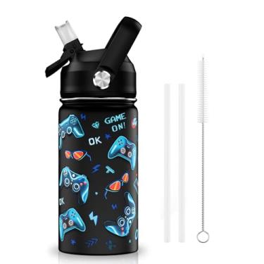 Imagem de ACESAK Garrafa de água infantil isolada de 400 ml com tampa de canudo – Copo infantil de aço inoxidável 18/8 para viagem, parede dupla, à prova de vazamento, portátil, garrafa de água infantil (jogo)