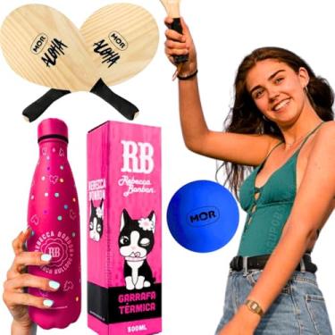 Imagem de Kit Frescobol Raquete Beach Tenis jogos de Praia madeira maciça verão 2025 mor aloha bolinha borracha leve + Garrafa Rebecca Bonbon 500 ml Termica em aço inox preto rosa feminina (Rosa)