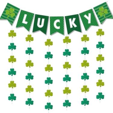 Imagem de Faixa de guirlanda de trevo da sorte, estandela do dia de São Patrício, guirlanda de decoração de dia de São Patrício com faixa rústica Happy ST para pendurar na decoração da lareira pré-montada – não é necessário fazer você mesmo