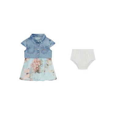 Imagem de GUESS Vestido de manga curta com tecido misto e capa de fralda para bebês meninas, Combo de colagem de borboletas azul claro, 18 Months