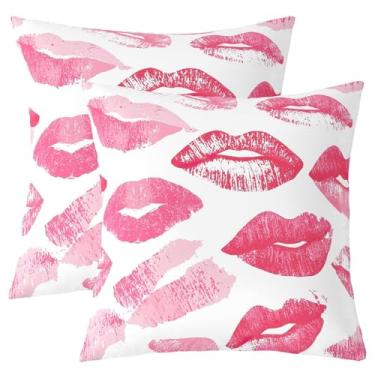 Imagem de jejeloiu Capas de almofada femininas reversíveis com lábios vermelhos para crianças, meninos, meninas, beijo, decoração de casa, 40,6 x 40,6 cm, batom, estampado, quadrado, conjunto de 2 capas de