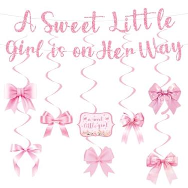 Imagem de Faixa de boas-vindas para decoração de chá de bebê com laço rosa A Sweet Little Girl is on Her Way Banner e redemoinhos pendurados decoração para menina doce revelação de gênero adereços de foto de