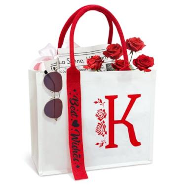 Imagem de OECTVD Sacola de lona com fita inicial personalizada, presente para sua esposa, mãe, amiga, aniversários, casamentos, K, 13.7 x 11.8 x 4.7 inch