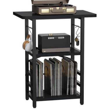 Imagem de YAKANJ Suporte para toca-discos com área de trabalho estendida, mesa grande para toca-discos com armazenamento de vinil, suporte para toca-discos com suporte de vinil para sala de música, estúdio