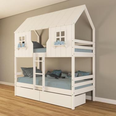Imagem de Beliche Casinha Encantada Com 02 Gavetas Madeira Maciça Branco Housin