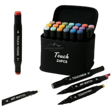 Imagem de Canetinha Ponta Dupla para Colorir Kit Estojo de Canetas Escolar Marcador Coloridas Permanente Duas Pontas (24 Cores)