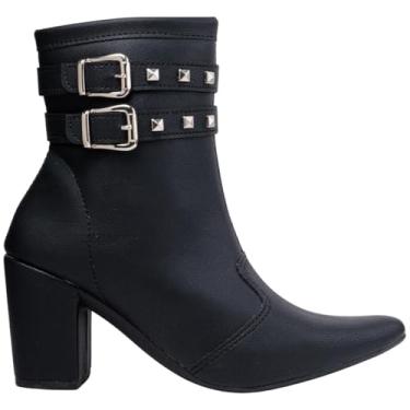Imagem de Bota Feminina, Salto Grosso, Bico Fino, Cano Curto, Ankle Boot com Fivelas e Tachas, Marrom e Preta, Via Angel 6802 (Preto, BR, Adulto, Numérico, 34)
