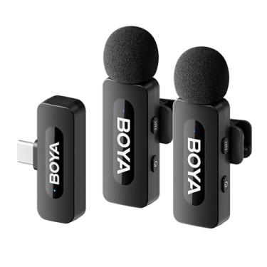 Imagem de BOYA Microfone sem fio BY-V20 USB-C para Android Type-C, iPhone 16/15, 328FT Los Range, bateria 9H, redução de ruído, mini microfones de lapela sem fio para entrevista YouTube TikTok (2TX+1RX)