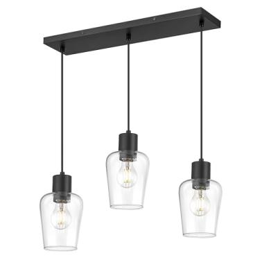 Imagem de LMS Lustres De Cozinha 3 Luzes Sobre A Mesa, Lineares Suspensos Pretos Foscos, Luminárias Pendentes Ilha Estilo Fazenda Com Cúpula Vidro Transparente, -123Spl-Bk3
