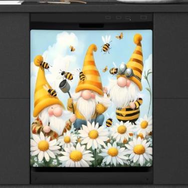 Imagem de DXTKWL Capa magnética para lava-louças, desenho animado, abelha, gnomo, margarida, reutilizável, lava-louças, adesivo, capa decorativa para máquina de lavar louça, painel de porta para casa de kitcen