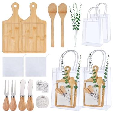 Imagem de Prêmios de chá de bebê para vencedores de jogos 6 conjuntos de tábua de queijo de bambu colher garfo espalhadores de manteiga toalha xadrez cartão de agradecimento e sacos de presente para chá de bebê