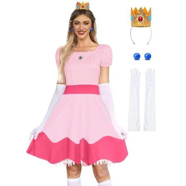 Imagem de For G and PL Fantasia feminina de princesa rosa, manga bufante, renda, vestido com luva, coroa, brincos, 4 peças, Princesa brilhante rosa, X-Large