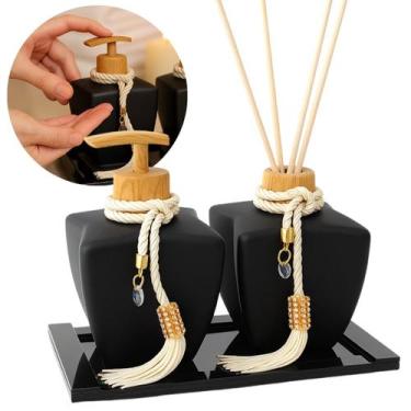 Imagem de Kit Lavabo Banheiro Luxo Preto 280ml C/ Bandeja Vasinho Porta Sabonete