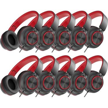 Imagem de MIXCU Fones de ouvido para crianças em idade escolar, pacote com 10, fones de ouvido com fio para sala de aula, com microfone, dobrável, faixa de cabeça ajustável, conector de 3,5 mm (vermelho)
