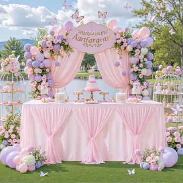 Imagem de Besutolife Toalha de mesa de tule rosa para mesas retangulares de 1,2 m, 3 lados para festa de casamento, aniversário, chá de panela, branco, tutu com babados, toalha de mesa para banquete, jantar