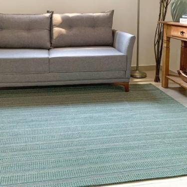 Imagem de Tapete Sala Quarto Rústico 2,00 x 1,40m Artesanal de Tear 100% Algodão Listrado Cru Verde Musgo Antiderrapante Lavável