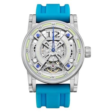 Imagem de FEICE Relógio mecânico automático esqueleto para homens, aço de titânio, 50 m, à prova d'água, relógio de pulso masculino luminoso, analógico, sem bateria, pulseira de silicone, FM501, Azul, roupa