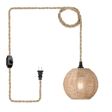 Imagem de ALAISLYC Luminária pendente de 4,5 m com interruptor regulável de cabo, lâmpada pendurada em vime com plugue de vime tecido à mão, lustre Boho para quarto, cozinha, corredor, hall de entrada