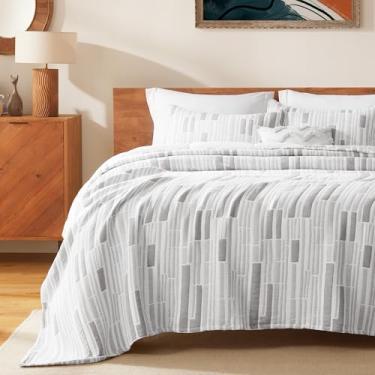 Imagem de SLEEP ZONE Conjunto de colcha listrada, solteiro/solteiro, tamanho GG, de algodão, macio e leve, conjunto de 2 colchas, para todas as estações, 173 x 218 cm, cinza
