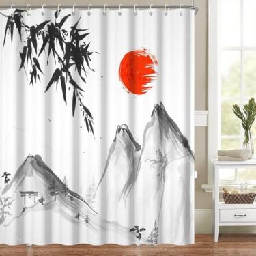 Imagem de Heevnttiy Cortina de chuveiro com pintura de tinta chinesa, aquarela, montanha, vermelho, sol, árvores, bambu, natureza, para decoração de banheiro, lavável na máquina, tecido de poliéster impermeável