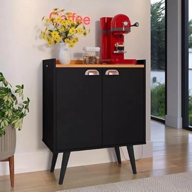 Imagem de Buffet line aparador decorativo cozinha sala estar jantar detalhe em madeira cor preto/cinmomo organizadora copos pratos louças armário no pix