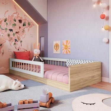 Imagem de Cama Montessoriana Solteiro Com Grade De Proteção Aveiro Oak Branco Repleta Aveiro Oak Branco