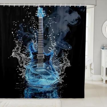 Imagem de Homewish Cortina de chuveiro de guitarra musical, cortina de banho de música hip-pop para decoração de banheiro adulto para adolescentes, tecido musical eletrônico à prova d'água, secagem rápida, azul