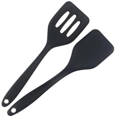 Imagem de URBEST Pacote com 2 espátulas, conjunto de espátulas de silicone sólido e ranhurado, espátulas antiaderentes, espátulas de borracha resistente ao calor para peixes, ovos, panquecas, WOK (preto)