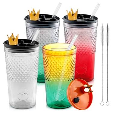Imagem de Pddgllut Copos de vidro de 590 ml com tampas e canudos (pacote com 4) - Conjunto de copos de vidro canelados, copos de café reutilizáveis à prova de vazamento com tampa e canudo, pode ser lavado na