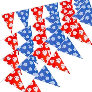Imagem de 5pc Havaiano Faixas, Faixa Triangular Azul Rosa Pré-Enfiada com Hibisco Havaiano e Folhas Tropicais Decoração de Aniversário com Desenho Animado Artigos para Hawaii Festa para Chá de Bebê