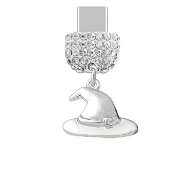 Imagem de ELISE & FONDA TP911 Tipo-C porta de carregamento cristal antipoeira pequeno chapéu de bruxa de Halloween pingente de celular para iPhone 15/16/Samsung/OnePlus/Xiaomi/oppo telefones Android (branco)