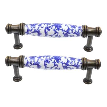 Imagem de Tsnamay Puxadores de gaveta de cerâmica puxadores de gaveta azul e branco padrão de porcelana T bar puxadores de armário de liga de zinco de cerâmica para ferragens de armário de casa, espaçamento de