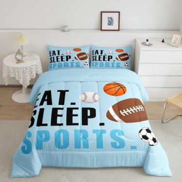 Imagem de Feelyou Conjunto de edredom esportivo tamanho solteiro, para meninos e meninas, presente para amantes de esportes, ultramacio, futebol, basquete, beisebol, respirável, leve, microfibra, bola azul