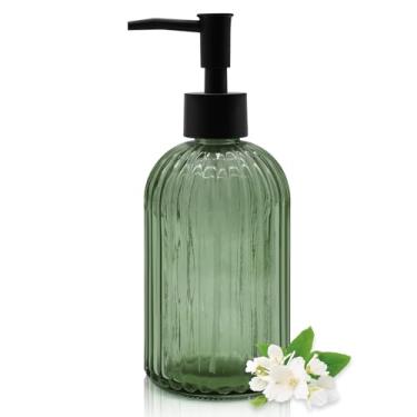 Imagem de Dispensador de sabão de vidro verde de 400 ml com bomba preta – Recarregável para sabonete, sabonete, loção, adequado para cozinha, banheiro e lavanderia