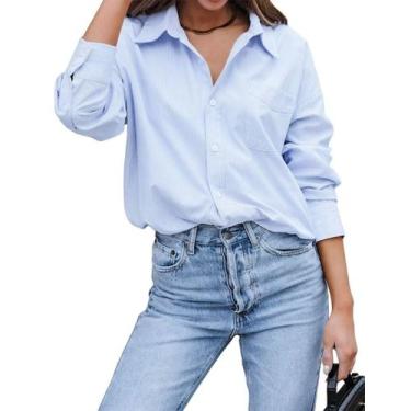 Imagem de Camisa feminina de manga comprida com botões BONITEE Blue Tamanho GG