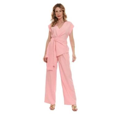 Imagem de Conjunto de blusa com amarração lateral gola em V e calça pantalona em