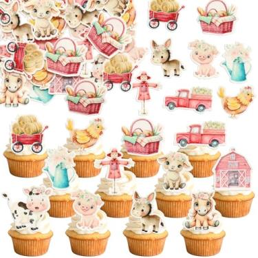 Imagem de Ephlyn 48Pcs Edible Farm Cupcake Toppers Wafer Paper Farm Birthday Cupcake Decorations Edible Farm Animals Cake Decorations for Farm Theme Birthday Anniversary Party Supplies Pink