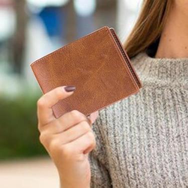 Imagem de Carteira masculina fina de poliuretano para cartão de crédito, leve, dobrável, carteira masculina fina para trabalho, compras, viagens, Marrom, Clássico