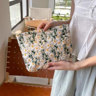 Imagem de Bolsa de maquiagem floral de lona de algodão leve para viagem e armazenamento diário, Bege, F, Sacos de cosméticos